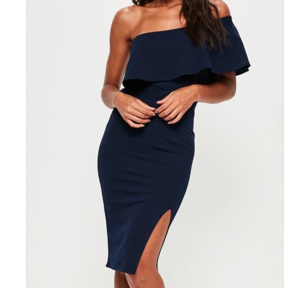 Navy Blue One Shoulder Midi Dress